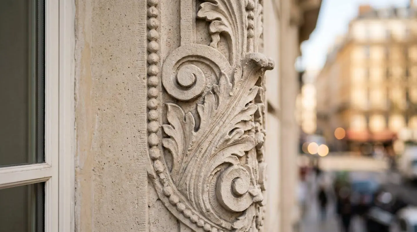 Gros plan sur une moulure architecturale haussmannienne en pierre de taille avec texture détaillée