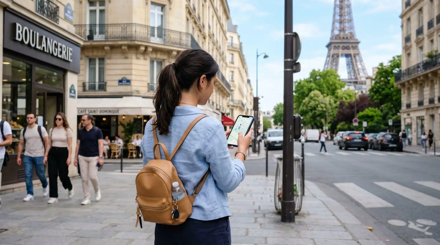 Voyageur vu de dos consultant une carte de Paris sur son smartphone dans une rue parisienne lumineuse