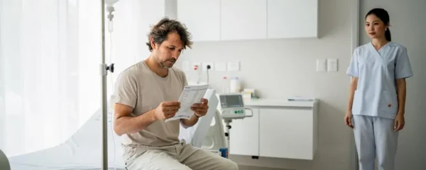 Un touriste étranger assis sur le bord d'un lit d'hôpital privé en Thaïlande examine une facture d'hospitalisation.