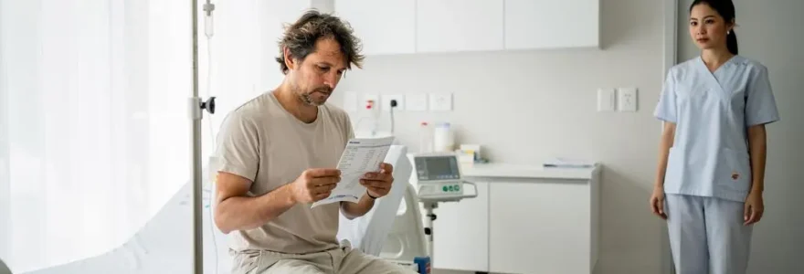 Un touriste étranger assis sur le bord d'un lit d'hôpital privé en Thaïlande examine une facture d'hospitalisation.