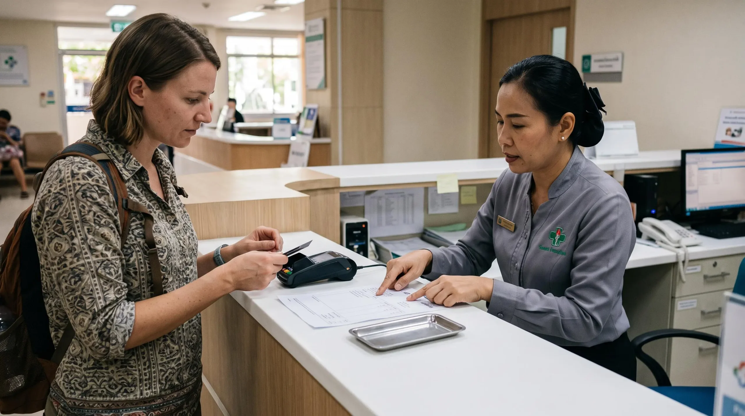 Un touriste règle une facture d'hôpital par carte bancaire au guichet d'un établissement privé thaïlandais.