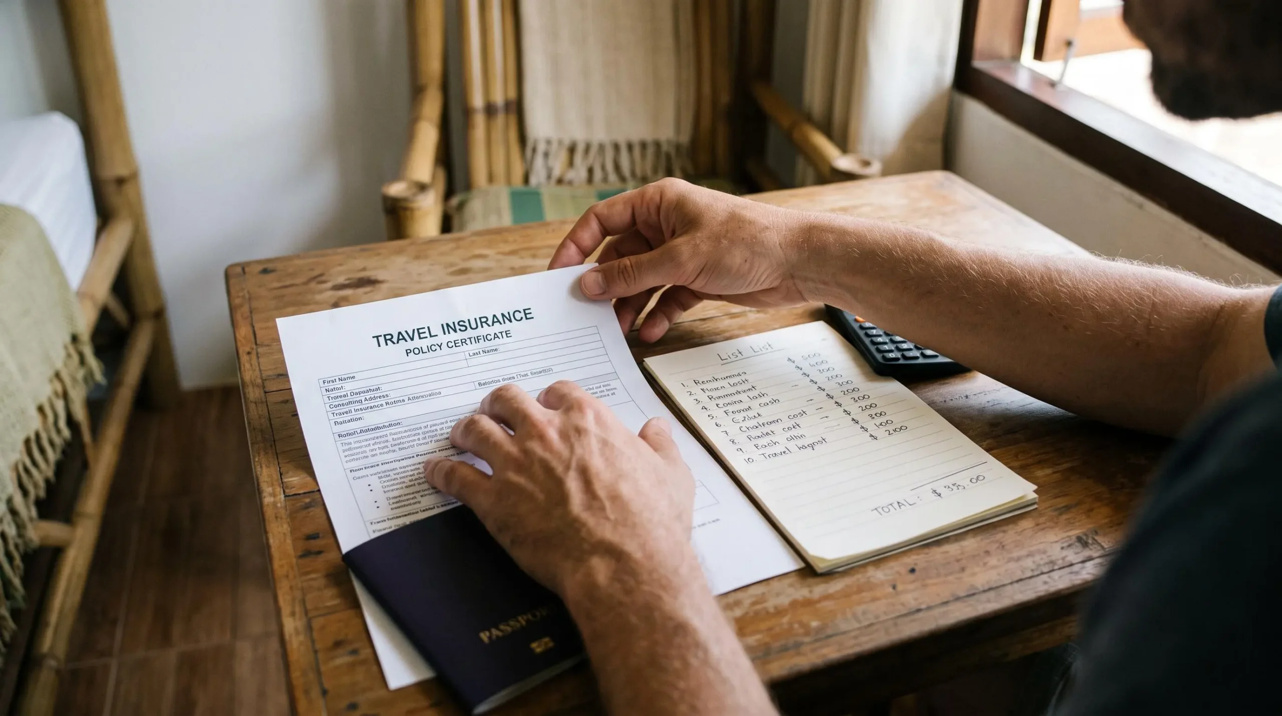 Les mains d'un voyageur comparent une attestation d'assurance voyage et une liste de frais d'hôpital sur une table.